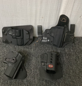 ALIENGEAR GUN HOLSTER (PLEASE INSPECT) W/ GL-2 ND FOBUS HOLSTER, IMI DEFENSE GUN HOLSTER ( PLEASE INSPECT) W/ LEATHWR BACKED GUN HOLSTER (PLEASE INSPECT)
