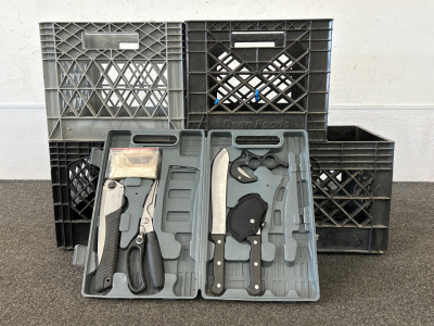 (4) PLASTIC CRATES AND OUTFITTERS RIDGE KNIFE SET (INCOMPLETE) PLEASE INSPECT