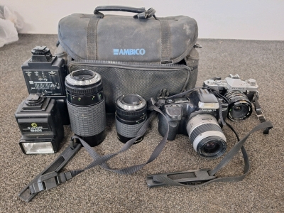 MINOLTA DIGITAL CAMERA, FUJICA DIGITAL CAMERA, 2 LENSES AND 2 FLASH ATTACHMENTS