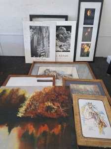 BALD CANVAS PAINTING, PRINTED INDIAN HORSE AND ANSEL ADAMS PRINTS AND MORE