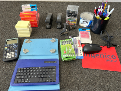 TEXAS INSTRUMENTS TI-83 PLUS GRAPHING CALCULATOR (NEEDS A BATTERY), SMALL TABLET CASE WITH BLUETOOTH KEYBOARD, PENS, PAPERCLIPS, BINDER CLAMPS, POST-IT NOTES, STAPLES, STAPLERS, STAPLE REMOVERS, ERASERS, MECHANICAL PENCILS, USB MOUSE, MOUSE PAD, AND PEN C