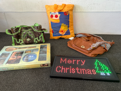 HOT & COLD STONE MASSAGE BOOK & KIT, 2 PURSES (GEEN CAMO-GENTLY USED, BROWN-NEW), LAWN BLANKET AND MERRY CHRISTMAS LED LIGHT(WORKS!).