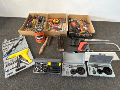 TONS OF TOOLS: HAND SAWS, SCREWDRIVERS, BLACK & DECKER ROTARY TOOL (WORKS!), PLIERS, SMALL C-CLAMPS AND MORE!!