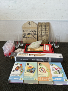 4 PIECE GLASS SET, ZEN GARDEN (MISSING ROCKS), 2 QUOTE SIGNS, BAMBOO DRAWER DIVIDER, POPSICLE MAKING SET AND CRICUT LEARNING CARTRIDGES.