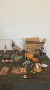 DECORATIVE ANIMAL FIGURES, VINTAGE FAN, LAMP, AND MORE; PLEASE INSPECT