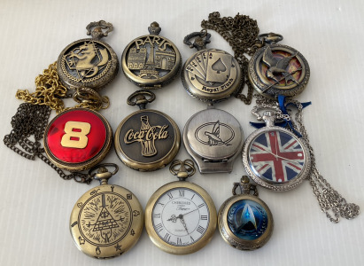 (11) COLLECTIBLE DECORATIVE POCKETWATCHES. INCLUDING: COCA-COLA, STAR TREK, FULLMETAL ALCHEMIST AND MORE; PLEASE INSPECT