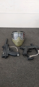 PAINTBALL GUNS AND HELMET, TOOLS, LICENSE PLATES, MACHETE, ASSORTMENT OF CORDS, LUNCH BAG, SMALL FABRIC BAG, AND MORE; PLEASE INSPECT