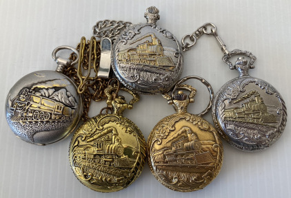 (5) LOCOMOTIVE DESIGN DECORATIVE POCKETWATCHES; PLEASE INSPECT