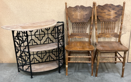PAIR OF MATCHING CHAIRS AND A 3-TIER SHELF; PLEASE INSPECT