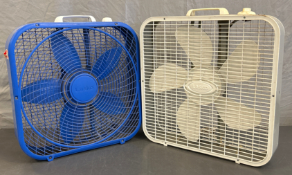 (2) LASKO BOX FANS - BOTH POWER ON; PLEASE INSPECT