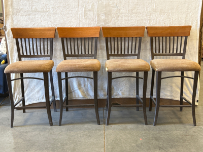 (4) MATCHING METAL AND WOOD STOOLS; PLEASE INSPECT