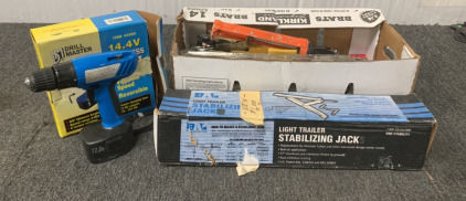 DRILL MASTER 14.4V CORDLESS DRILL, BAL LIGHT TRAILER STABALIZING JACK, SHEET METAL SCREWS, SPECIAL CONSTRUCTION SUPPLY RULER, GLOVES, GEMINI PHONE MODULAR 2-WAY CRIMPING TOOL, SUPER TRIM TRIMMER LINE .080&rdquo; 2.0MM, SWORD FISH BRAND CARBON STEEL SAW AND MORE
