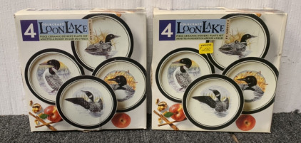 (2) FOLKCRAFT LOON LAKE FOUR PIECE CERAMIC DESSERT PLATE SETS; PLEASE INSPECT