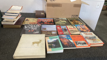 SET OF 27 BOOKS ABOUT THE OUTDOORS, GEOGRAPHICAL, AND HUNTING; PLEASE INSPECT