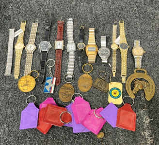 WATCHES, KEY CHAINS, AND BOTTLE OPENER; PLEASE INSPECT