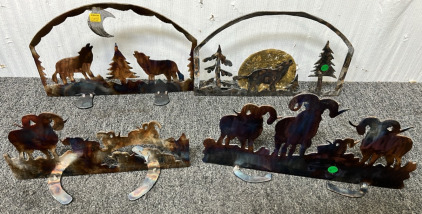 HOWLING WOLF METAL DECOR AND COLORFUL METAL RAM DECOR; PLEASE INSPECT