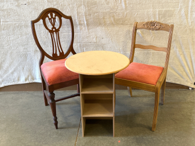 (2) VINTAGE CHAIRS AND CUSTOM TABLE/STAND; PLEASE INSPECT
