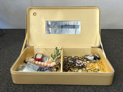 VINTAGE JEWELRY BOX WITH COLLECTIBLES; PLEASE INSPECT