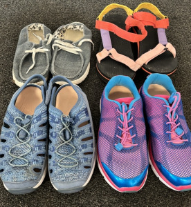 BIOFIT BLUE SHOE, DR.COMFORT PINK/BLUE, TIME AND TRU SANDELS, AND BLUE SLIP ON SHOES; PLEASE INSPECT