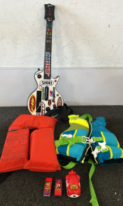 GUITAR HERO CONTROLLERS, (2) CHILD LIFE JACKETS AND MORE; PLEASE INSPECT