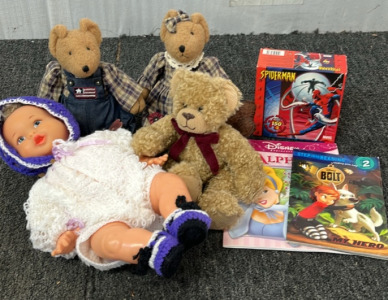 (3) TEDDY BEARS, BABY DOLL, BOOKS, AND PUZZLES; PLEASE INSPECT