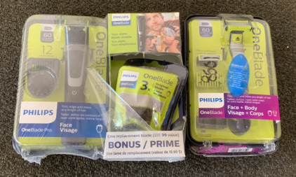 PHILIPS ONEBLADE FACE AND BODY RAZOR WITH PHILIPS ONEBLADE PRO FACE VISAGE RAZOR AND BONUS REPLACEMENT BLADE; PLEASE INSPECT