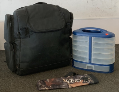 PORTABLE ORGANIZER W/ T-BAGS MOTORCYCLE BAG AND VISTA CAMO DRINK CARRIER; PLEASE INSPECT