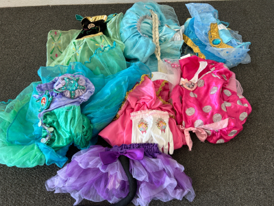 GIRLS S/XS DRESS UP COSTUMES: ELSA, ANNA, JASMINE, ARIEL, SLEEPING BEAUTY, MINNIE MOUSE ANS TUTU WITH CAT TAIL; PLEASE INSPECT