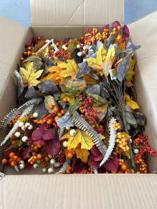 BOX OF FAUX AUTUMN FLORAL ARRANGEMENT PIECES; PLEASE INSPECT