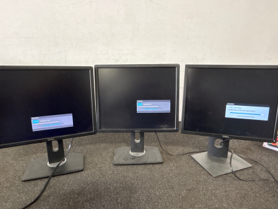 3 WORKING DELL COMPUTER MONITORS (TURN ON)!! ADJUSTABLE HEIGHT AND PIVOTING BASE!! PLEASE INSPECT