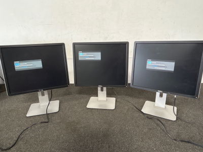 3 WORKING DELL COMPUTER MONITORS (TURN ON)!! ADJUSTABLE HEIGHT AND PIVOTING BASE!! PLEASE INSPECT