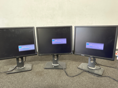 3 WORKING DELL COMPUTER MONITORS (TURN ON)!! ADJUSTABLE HEIGHT AND PIVOTING BASE!! PLEASE INSPECT