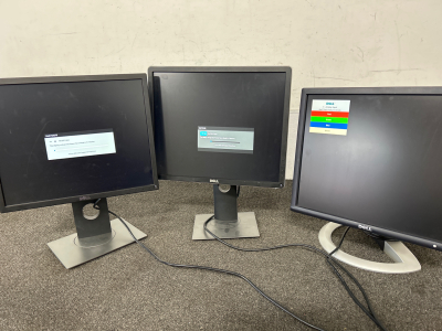 3 WORKING DELL MONITORS (TURN ON)!! 2 HAVE ADJUSTABLE HEIGHT AND PIVOTING BASE; PLESE INSPECT