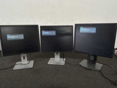 3 WORKING DELL MONITORS (TURN ON)!! ADJUSTABLE HEIGHT AND PIVOTING BASE!! PLEASE INSPECT