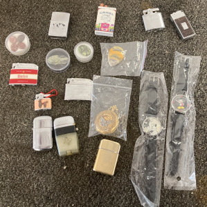 MICKY MOUSE WATCHES, 9 LIGHTERS, AND STONES; PLEASE INSPECT