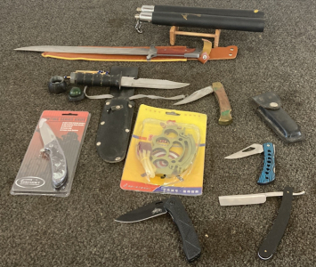 6 KNIVES, STRAIGHT RAZOR, AND NUNCHUCKS WITH STAND; PLEASE INSPECT