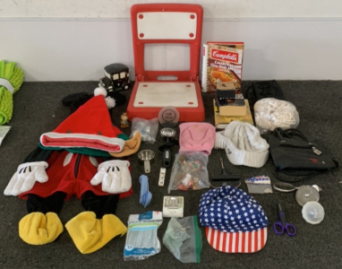 CHILDRENS PLASTIC FOLD UP CHAIR, MICKEY MOUSE COSTUME, HATS, CAMPBELLS “CASSEROLES, ONE-DISH MEALS” BOOK, MEASURING TAPE, AND MORE; PLEASE INSPECT