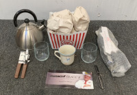 STAINLESS STEEL TEA KETTLE, MIRACLE BLADE 3 “THE PERFECT SERIES” KNIFE SET, POPCORN BOWL W/ GLASSES AND MUGS, A CAN OPENER AND MORE; PLEASE INSPECT