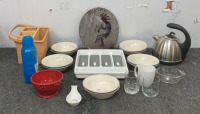 (10) STONEWARE CERAMIC BOWLS W RED HAND PAINTED BOWL, SILVERWARE ORGANIZER INSERT, HAMILTON BEACH KETTLE, WICKER BASKET AND MORE; PLEASE INSPECT