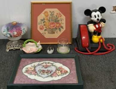 MICKEY MOUSE PHONE, A LAMP, FLORAL WALL DECOR, AND MORE; PLEASE INSPECT