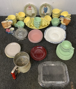 PLASTIC TEA CUPS AND PLATES WITH A SERVING PLATTER, SIFTER, AND MORE; PLEASE INSPECT