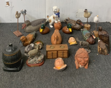 COASTERS, WITH WOODEN DISPLAY DUCKS, LEGEND PRODUCTS R.F.C PILOT 1917, PORCELAIN DOG FIGURINE AND MORE; PLEASE INSPECT