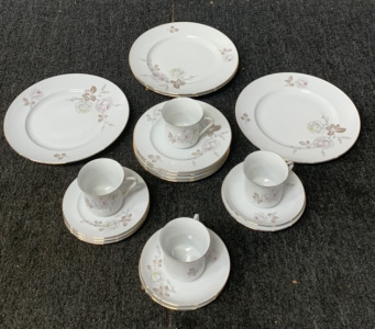 JOHANN HAVILAND PLATE SET WITH (4) TEA CUPS; PLEASE INSPECT