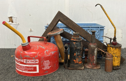 VINTAGE OIL CANS, METAL GAS CAN, BOTTLE JACKS, CRATE AND MORE; PLEASE INSPECT