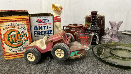 TINS, OLD TOY CARS, GLASSWARE, CERAMIC JARS AND MORE; PLEASE INSPECT