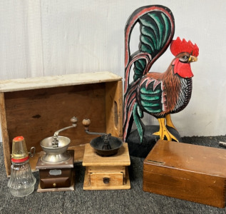 (2) VINTAGE COFFEE GRINDERS, GLASS GRINDER, (2) WOODEN BOXES AND LARGE CHICKEN STATUE; PLEASE INSPECT