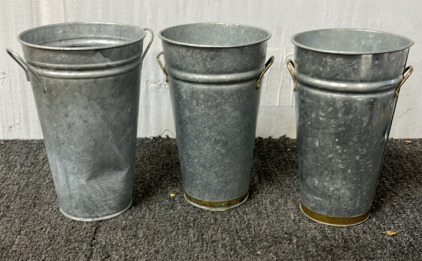 (3) TIN/ METAL PALE OR VASES; PLEASE INSPECT