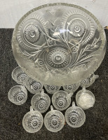 CRYSTAL LIKE PUNCH BOWL W/ (12) GLASSES, (3) PLATES, AND JAR; PLEASE INSPECT - 2