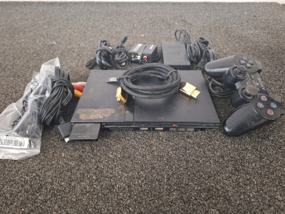 PS2 WITH CONTROLLER, HOOKUPS AND PACMAN GAME INSIDE THE PS2; PLEASE INSPECT