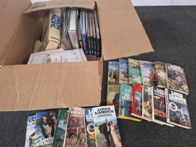 BOX OF BOOKS INCLUDING A MAJORITY OF THAT BEING LOUIS L'MOUR WESTERN NOVELS; PLEASE INSPECT